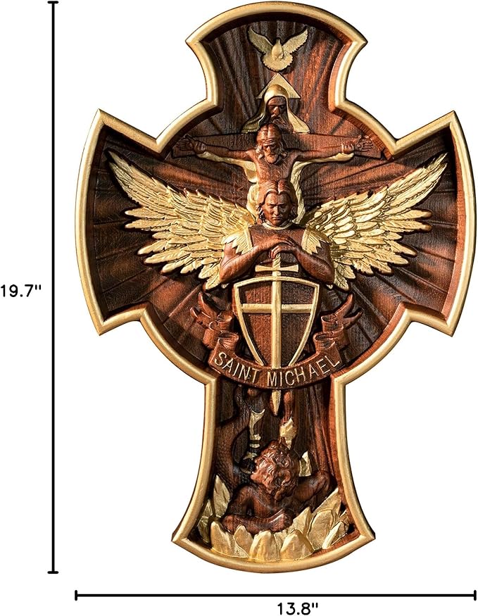 BGCOPPER Saint Michael Cross Wall Decor, Wooden Holy Trinity Crucifix Wall Cross, Jesus Cross for Wall Hanging Christmas Gift (20 Inch)