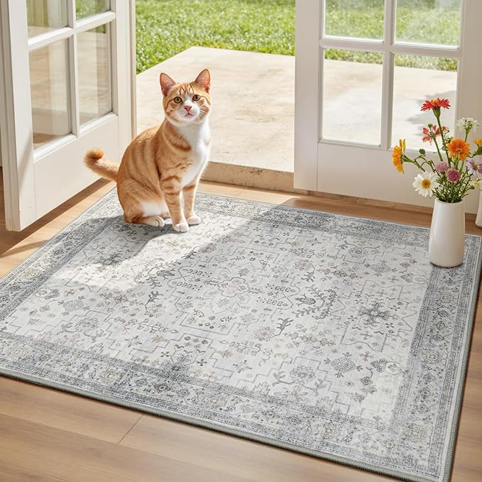 Lessymo Boho Bathroom Rugs 2x3, Small Washable Area Rug for Kitchen Entryway Bedroom, Low Pile Door Mat Indoor Entrance Non Slip Carpet, Vintage Geometric Floral Pastel Decor, Taupe Grey