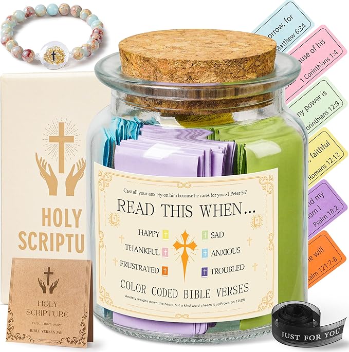 Bible Verse Jar for Women with NFC Bracelet, 108 Scripture Notes, Prayer Jar with Natural Stone Bead Cross Bracelet, Christian Gifts for Women
