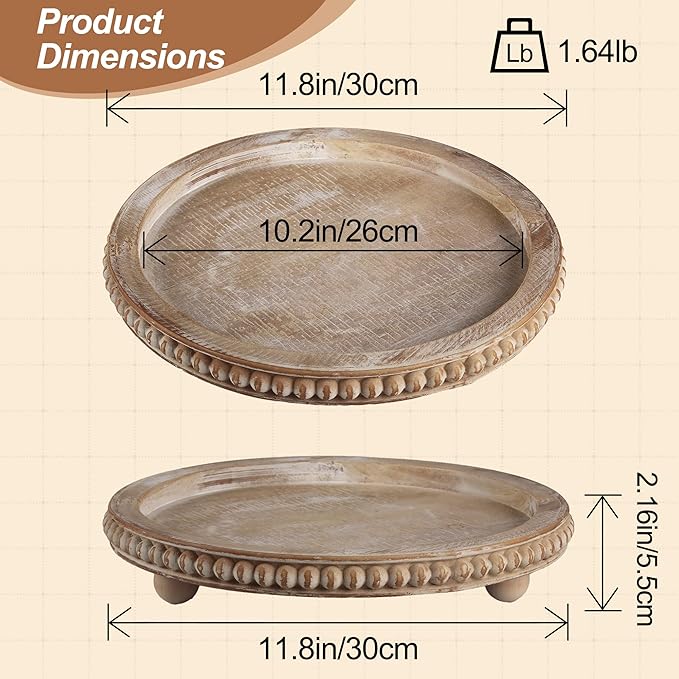 Round Decorative Tray for Coffee Table, Natural Wood Beaded Tray with Detachable Legs, 11.87" Farmhouse Rustic Serving Tray for Living Room, Ottoman, Kitchen Counter, Dining Table Decor