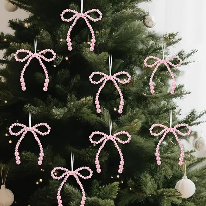 VioraWhite 12 Pcs Pearl Bow Ornaments Bowknot Tree Topper Decor Hanging Ornament Pendant Gift for Wedding Birthday Party Indoor Decoration (Pink)
