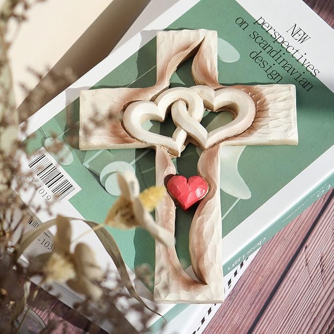 Oooct Carved Cross, Resin Cross Wall Decor, Intertwined Hearts & Never Separates Love, Great Christian Gift, Wall Art Gift, Home Living Room Decor - 6.88 × 5.23 Inch