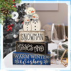 Lineshading 4 Pcs Winter Table Decor Wooden Snowman Decorations Winter Tiered Tray Decor Christmas Centerpieces Rustic Decorative Snowman Block Signs Gift Farmhouse for Kitchen Home Desk