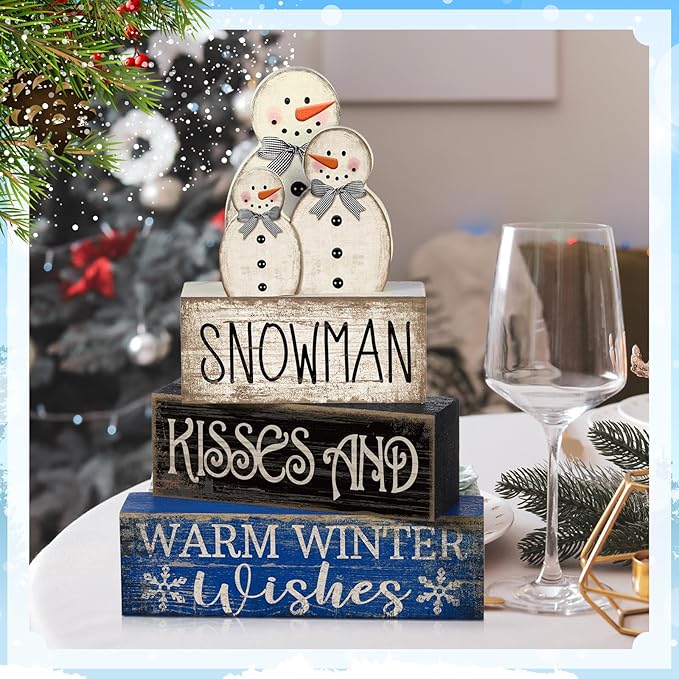 Lineshading 4 Pcs Winter Table Decor Wooden Snowman Decorations Winter Tiered Tray Decor Christmas Centerpieces Rustic Decorative Snowman Block Signs Gift Farmhouse for Kitchen Home Desk