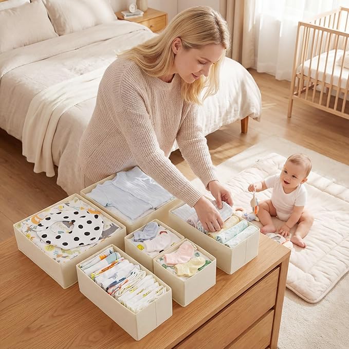 GRANNY SAYS Drawer Organizer Clothes, 12 Pack Dresser Organizer Bins for Nursery, Closet Organization and Storage Dividers for Clothing, Baby Clothes, Underwears, Beige
