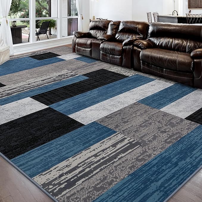 FlyDOIT Modern Geometric Patchwork Area Rug, 8x10 Blue Large Rugs for Living Room, Rockwood Collection Indoor Rugs for Bedroom, Throw Carpet Floor Decor for Entryway Dining Room Office Nursery