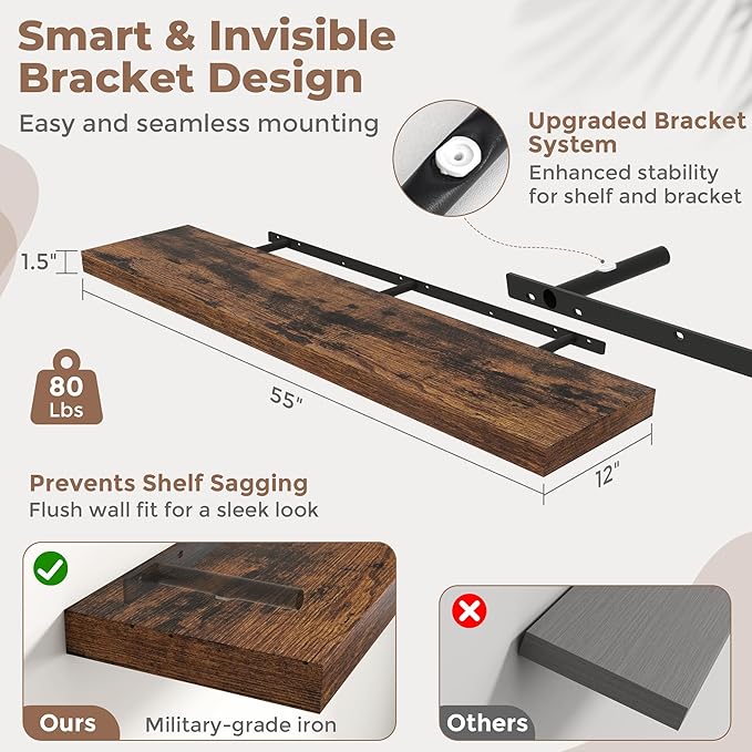 55 Inch Long Floating Shelves for Wall 2 Pack, 12"D Wood Grain Bathroom Shelves with Invisible Brackets, Easy Install Engineered Wood Storage Shelves for Kitchen, Living Room, Bedroom, Rustic Brown