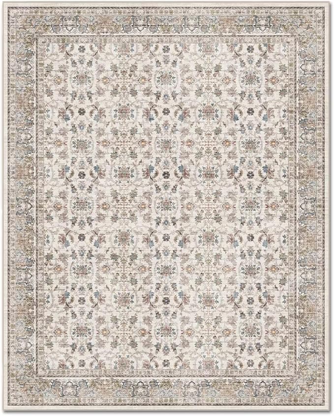 Washable 3x5 Entryway Rug, Boho Non-Slip Vintage Distress Small Rugs for Kitchen Nursery Office Bedroom, 0.3" Neutral Oriental Throw Thin Carpet with Cushioning Pad, Cream/Blue/Orange/Multi