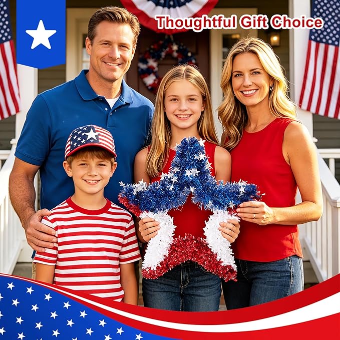 VeriNatural 4th of July Decorations - 19.5in Patriotic Red White and Blue Star Wreath - Independence Day Tinsel Wreath for Indoor Outdoor,Golf Cart, Party,Door and Wall Hanging Decor