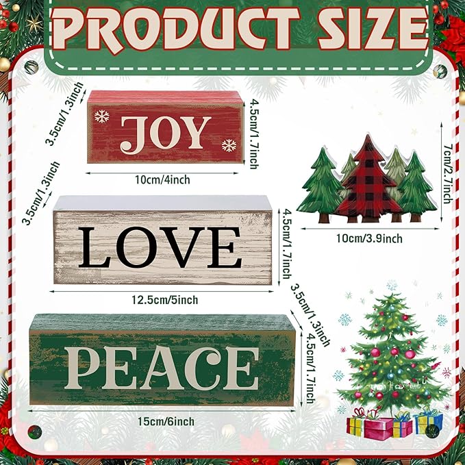 Lineshading 4 Pcs Christmas Table Decor Christmas Tree Centerpiece Joy Peace Love Sign Rustic Decorative Tree Block Signs Gift Winter Tiered Tray Decor Farmhouse for Home Xmas Party Kitchen Shelf