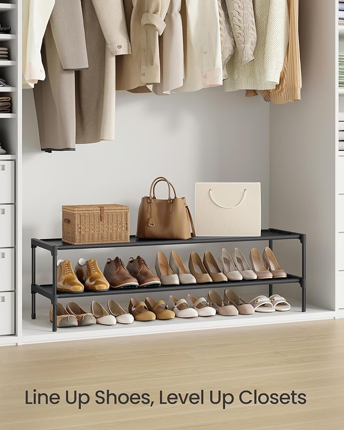 SONGMICS Shoe Rack, 2-Tier Shoe Storage Organizer, Space-Saving, 11.7 x 36.1 x 12.2 Inches, Entryway, Metal Frame, Non-Woven Fabric Shelves, Ink Black ULSH032BH01