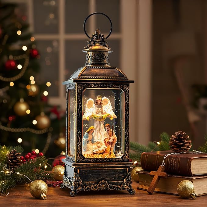 Christmas Snow Globe Swirling Glittering Angel & Nativity Scene with Music, USB Lined/Battery Operated Lighted Water Lantern for Christmas Festival Decoration Gifts