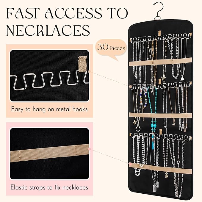 2 Pack Hanging Jewelry Organizer Storage with 39 Pockets, 30 Necklace Hooks Double Sided Wall Mount Earring Holder Organizer Bracelet Necklace Jewelry Display Hanger for Closet Door(Black)