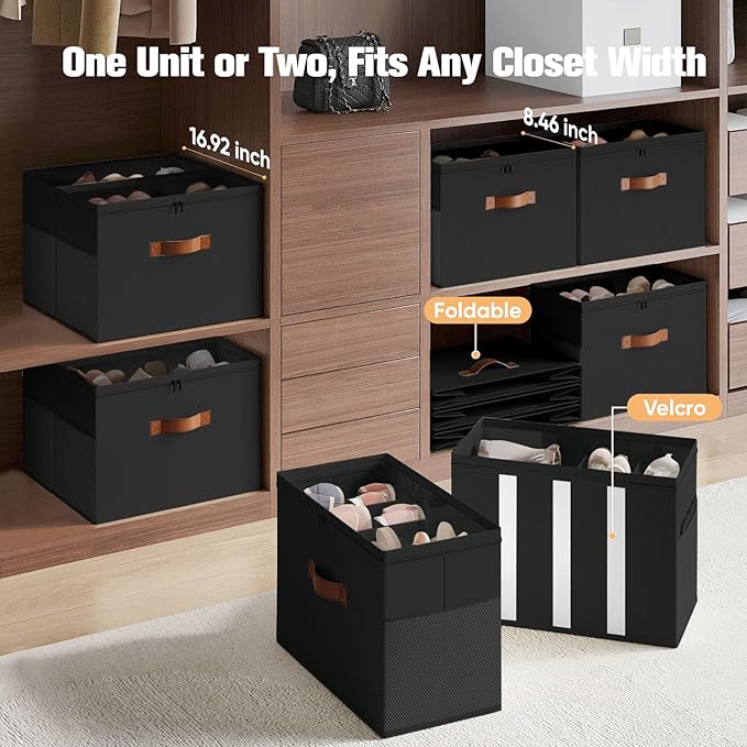 Shoe Organizer for Closet, 2-Pack Foldable Shoe Storage Box with Adjustable Dividers & Clear Cover, Fits 16 Pairs, Black, Durable and Space-Saving
