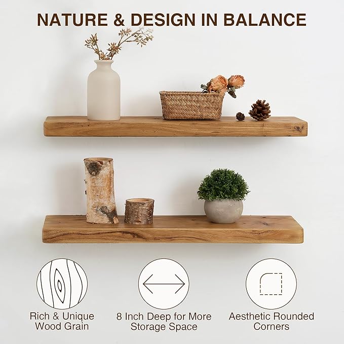 Dreamland Solid Elm Wood Floating Shelves, 18" W x 8" D Floating Shelf Wall Mounted, 8 Inch Deep Wall Shelves - Wooden Bathroom Shelf, Deep Bookshelf for Living Room, Kitchen Wall Shelf, Set of 2