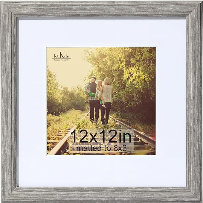 KTKDE 12x12 Picture Frame Real Glass, Display Pictures 8x8 with Mat or 12x12 Without Mat, Modern Style Wood Composite Frame,Gallery Wall Frame Wooden Grey ，best gift