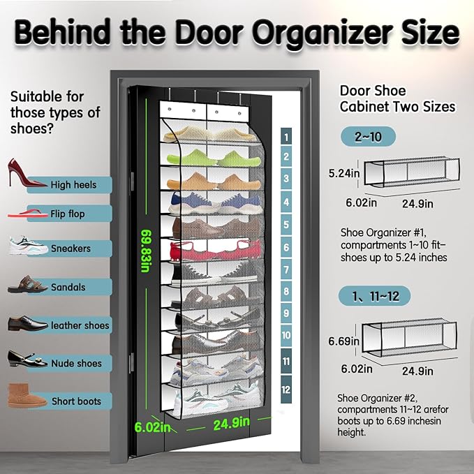 Over The Door Shoe Organizer with 12 Large Breathable Pockets - Durable Hanging Storage for the Entire Family's Shoes (White)