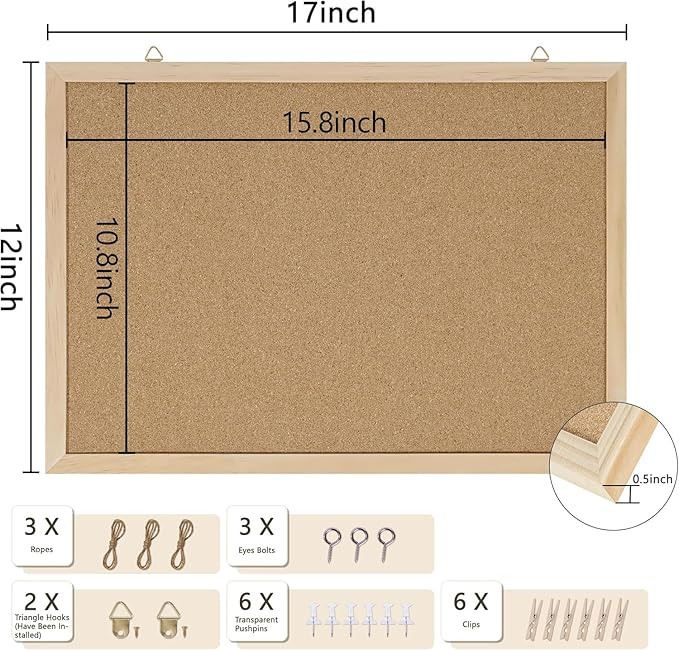 DAHAPYBOO Cork Board Bulletin Board,17"X 12" Cork Board for Office with Pin Oak Wood Boards,Hanging Corkboards for Office Home School Message Board or Vision Board Decoration.