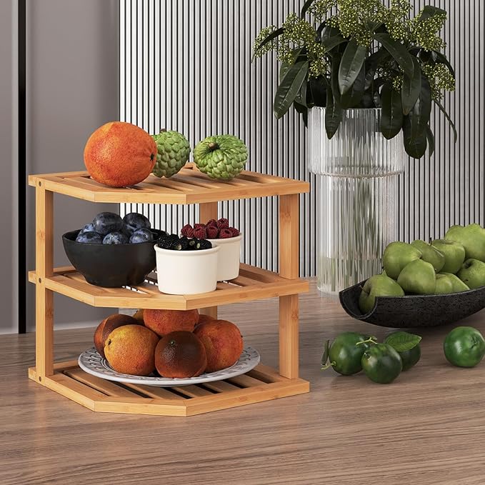VERTORGAN 3 Tier Bamboo Corner Shelf(2 Pack),Plate Organizer,Dish Drying Rack,Kitchen Spice Rack for Countertop and Cabinet