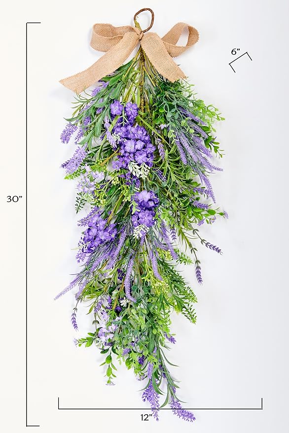 32" Artificial Spring Lavender and Green Leaves Teardrop Swag