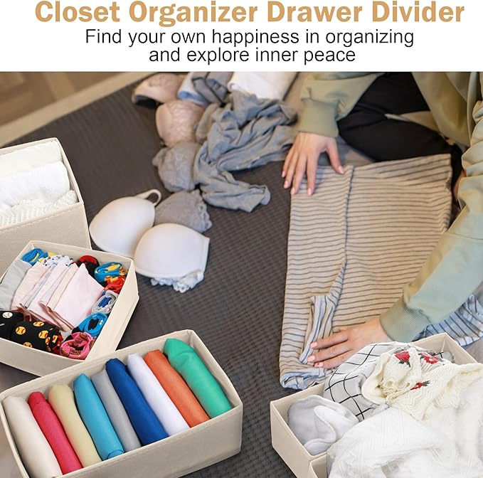 24 Set Fabric Dresser Drawer Organizer Bins Dividers for Clothes – Nursery Home Bins Fabric Foldable Closet Clothing Wardrobe Storage Box Container Basket for Bras Socks Underwear(Beige)