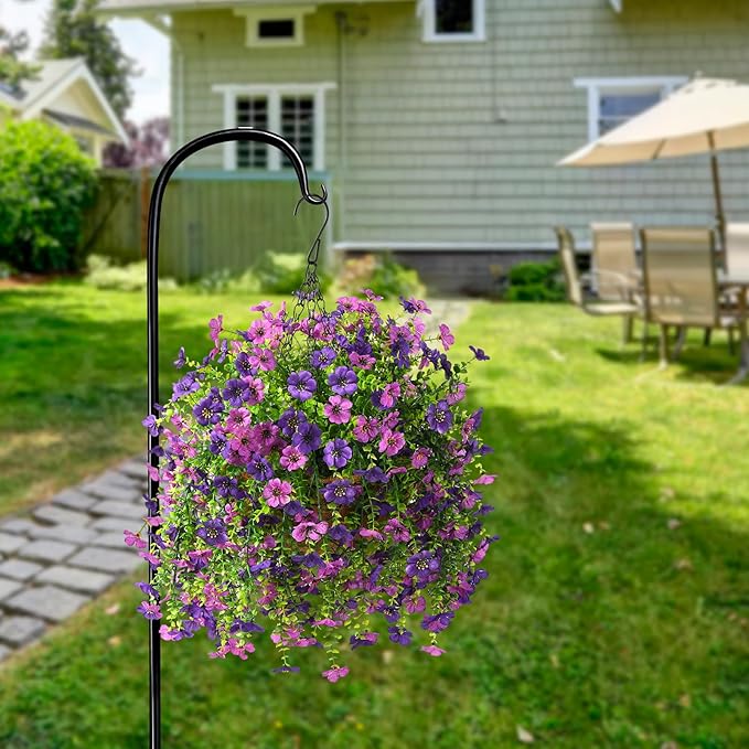Artificial Hanging Flowers for Outdoors Spring Decoration, 2PCS Silk Fake Daisy Realistic Outdoor Flowers UV Resistant Porch Patio Window Yard Decor(Dark Orchid)