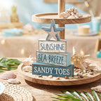 Lineshading 4 Pcs Summer Table Decoration Coastal Wooden Stacked Block Decor, Sunshine Sea Breeze Sandy Toes Signs with Starfish, Rustic White and Blue Beach Tiered Tray Decor for Home Entryway