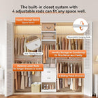 Metal Closet System, 4FT-8FT Closet Organizer System with 4 Expandable Hanging Rods and Metal Tower,79"H Walk in Closet System with 2 Drawers and Shelving,Built in Closet,Wall Mount,White