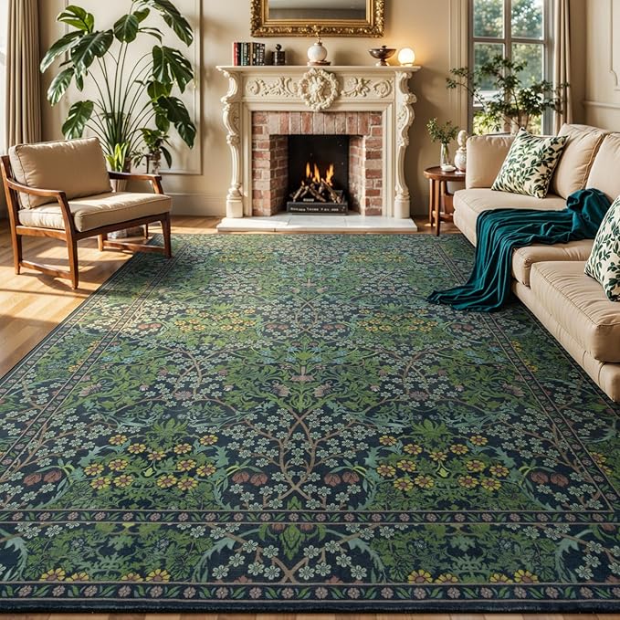 Lessymo Floral Washable Rug 9x12, Living Room Area Rugs Non Slip Boho Low Plie Large Carpet for Bedroom Dining Room Home Office, Vintage Flower Decor Distressed Retro Indoor, Forest Green