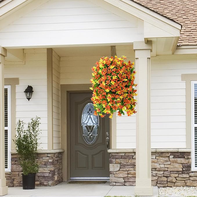 INQCMY Artificial Hanging Flowers Decoration, 4pcs Fake Floral Basket Plants for Outdoor Porch, Faux Shrubs Home Spring Decor UV Resistant Potted Violets for Outside Garden No Fade