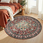 U'Artlines Boho Vintage Round Area Rug 4ft Machine Washable Low Pile Soft Floor Carpet Non Slip Non Shedding Accent Rug for Living Room Bedroom Entryway Dining Room Office Rust＆Teal