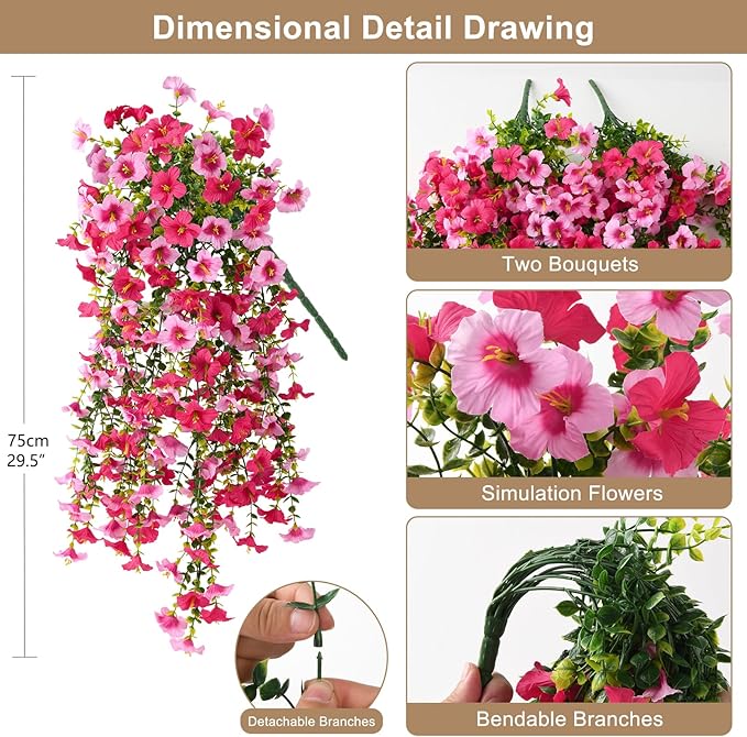 Artificial Hanging Flowers Plants for Outdoor Spring Summer Decoration, 2PCS Faux Silk Morning glory UV Resistant Look Real for Outside Home Indoor Planter Porch Garden Yard Decor(Rose Red Pink)
