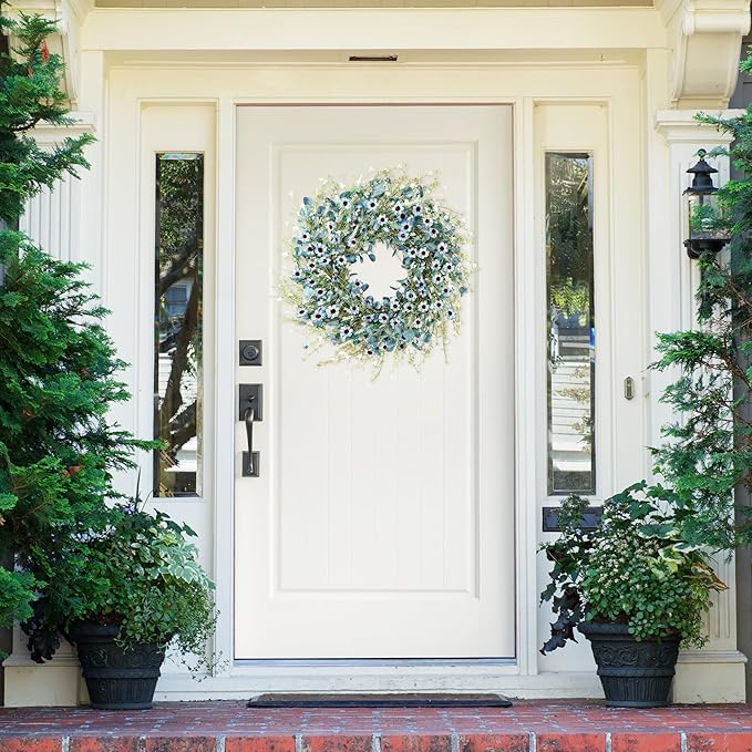 Sggvecsy Blue Daisy Wreath 24 Inch Spring Summer Fake Silk Floral Wreath with Green Eucalyptus Leaves and Lavender for Front Door Window Wall Wedding Farmhouse Festival Decor
