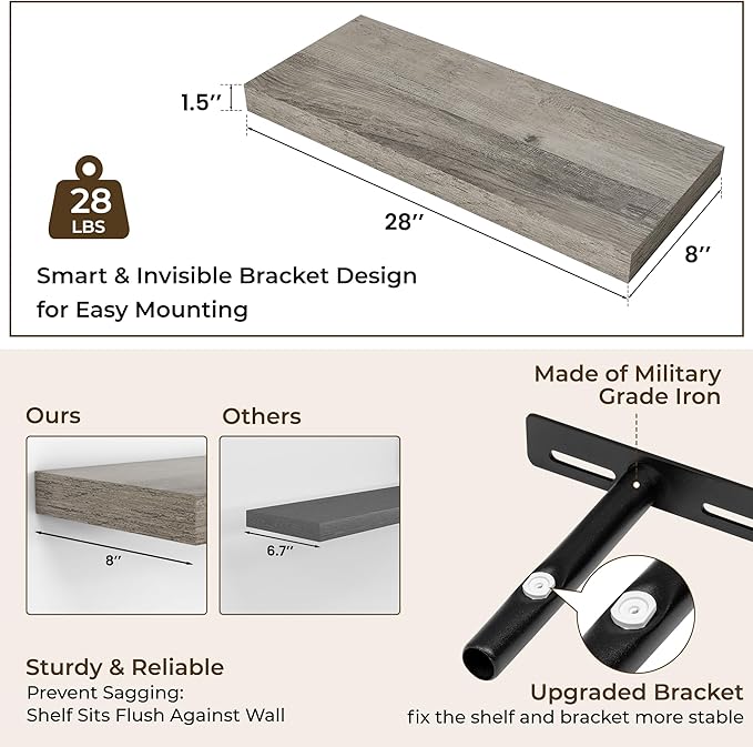RICHFOCUS 28Inch Floating Shelves for Wall 2 Pack Shelves for Bedroom|Kitchen|Bathroom|Laundry Room Rustic Wood Wall Mounted Shelf with Invisible Brackets for Books|Storage|Decor, Grey