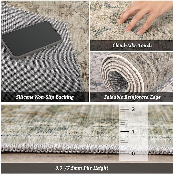 Washable 8x10 Area Rugs for Living Room, Boho Non-Slip Vintage Distress Large Rugs for Bedroom Dining Room Nursery Office, 0.3" Neutral Oriental Throw Thin Carpet, Flaxen/Brown/Multi