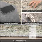 Washable 6x9 Area Rugs for Living Room, Boho Non-Slip Vintage Distress Large Rugs for Bedroom Dining Room Nursery Office, 0.3" Neutral Oriental Throw Thin Carpet, Flaxen/Brown/Multi