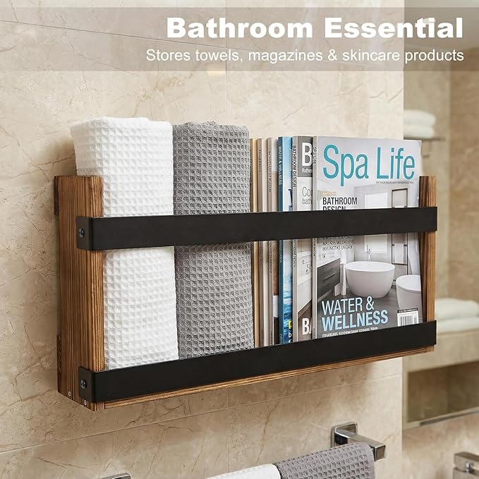 Wood Magazine Rack Wall Mounted & Wall Magazine Rack, Pine Wood Black Metal Wall Magazine Holder for Magazines, Books, Mountable or Freestanding Organizer