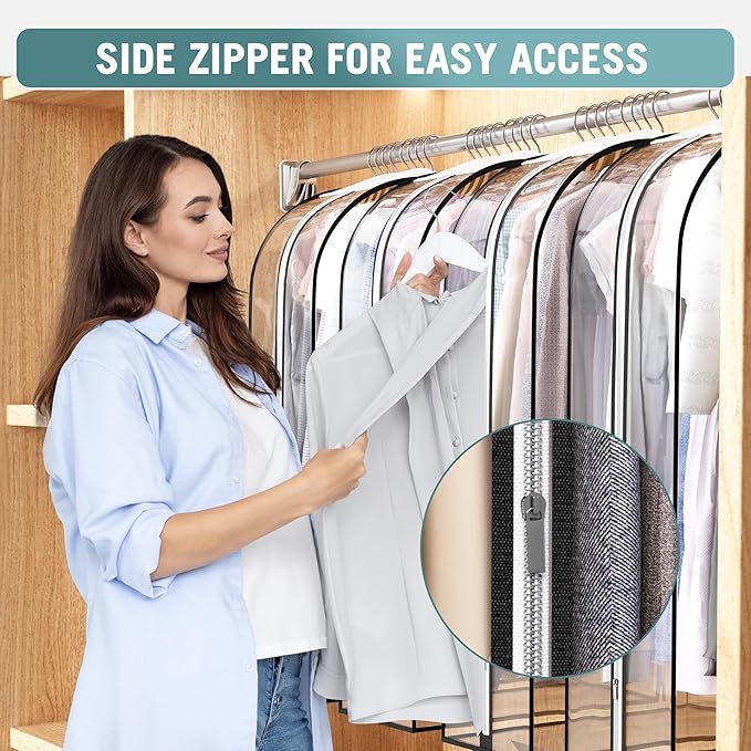 Clear Garment Bag for Hanging Clothes 10” Gusseted, 32” Suit Bags for Open Closet Storage Plastic Clothes Cover for Coat, Dress, Shirts, Fur, Jacket, Wardrobe Protectors, 4 Pack
