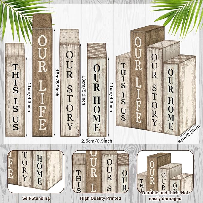 Lineshading 4 Pcs Farmhouse Table Decor Wooden Rustic Our Home Our Story Life Table Centerpiece Farmhouse Book Stack Block Sign for Tabletop Shelf Tiered Tray Desk Living Room Fireplace Home