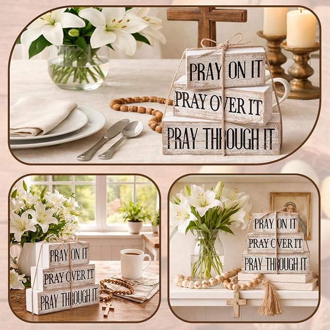 Yuntau 4 Pcs Farmhouse Wooden Tabletop Decor Bible Verse Tiered Tray Decorations Rustic Religious Christian Gift Block Sign Pray on It Centerpiece for Easter Home Kitchen Shelf Office Desk Decor