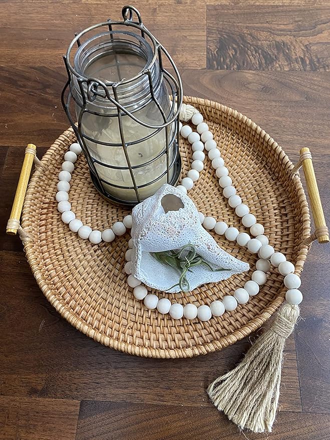 LSKYTOP 60 Inches Wood Bead Garland,Wooden Beads with Tassels,Farmhouse Beads Rustic Prayer Beads Boho Beads for Farmhouse Tiered Tray Coffee Table Mantel Decor (1 Pack)
