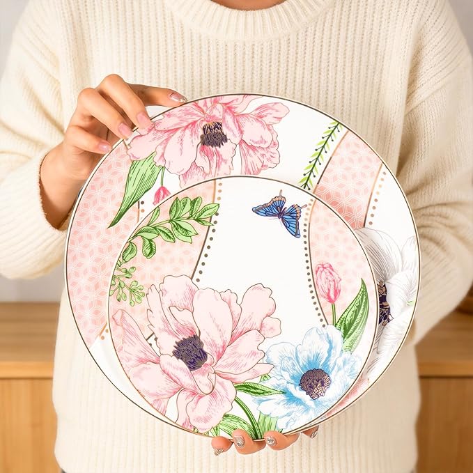 KAMMAK Ceramic Decorative Plate Set of 2, Porcelain Plates for Kitchen Dining Room Wine Cabinet Home Decor, Vintage Collector Plates with 2 Display Stand, Pink (8-inch + 10.5-inch)