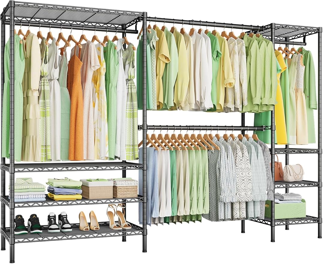 Ulif E11 Heavy-Duty Garment Rack, Metal Freestanding Clothes Rack and Closet Storage Organizer System with 8 Shelves and 4 Hanger Rods, (73.2-97.6)" W x 14.5" D x 71.2" H, Load 1034 LBS, Black