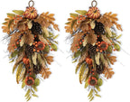 Glitzhome 2 Pcs Fall Teardrop Swags for Front Door, Artificial Wall Decorative Swags with Leaf & Pumpkins & Pine Cones & Berries for Home Porch Wall Window Halloween Thanksgiving Indoor Outdoor Decor