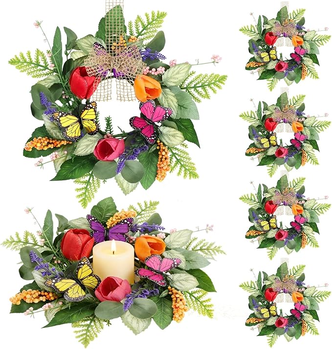 6 PCS Spring Lavender Tulips Hanging Wreaths for Kitchen Cabinets Artificial Small Floral Wreaths for Front Door with Butterfly Spring Summer Mini Wreath for Home Farmhouse Window Porch Wall Decor