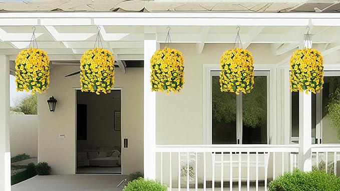 Artificial Faux Hanging Flowers Basket for Spring Summer Outdoor Porch Decor, Fake Silk Colorful Morning Glory Eucalyptus in Planter UV Resistant Look Real for Home Balcony Yard(Yellow)