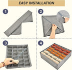 2 Pack 48-Cell Fabric Sock Organizer and Tie Organizer For Men - Fabric Foldable Drawer Divider for Socks, Underwear, Ties and Belts - Foldable, Multi-Cell Design, Space-Saving (Grey)