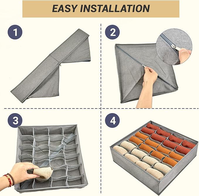 2 Pack 48-Cell Fabric Sock Organizer and Tie Organizer For Men - Fabric Foldable Drawer Divider for Socks, Underwear, Ties and Belts - Foldable, Multi-Cell Design, Space-Saving (Grey)