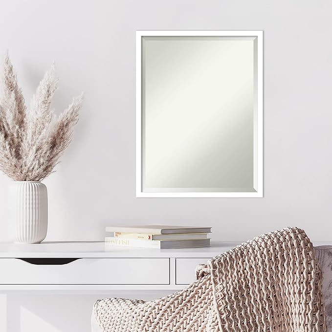 Amanti Art White Wall Mirror 25x19 Svelte White Rectangle Bathroom Mirror for Wall Decor Living Room, Medium Modern Wood Frame, Hangs Horizonally and Vertically, Bathroom Decor, Beveled Edge