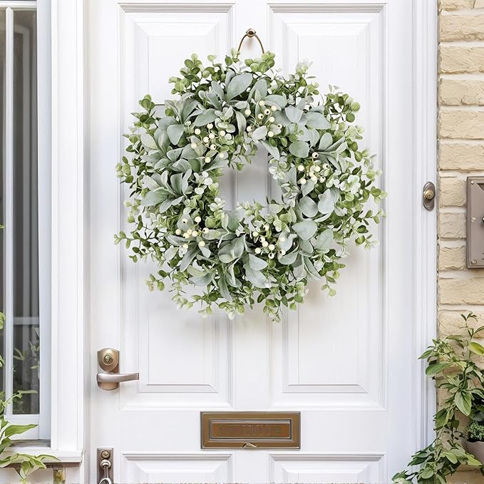 26 Inch Large Lambs Ear Wreaths for Front Door Spring Summer Lambs Leaves with White Berries, Artificial Greenery for Farmhouse Porch Wall Living Room Home Wedding Decor for All Seasons Wreaths